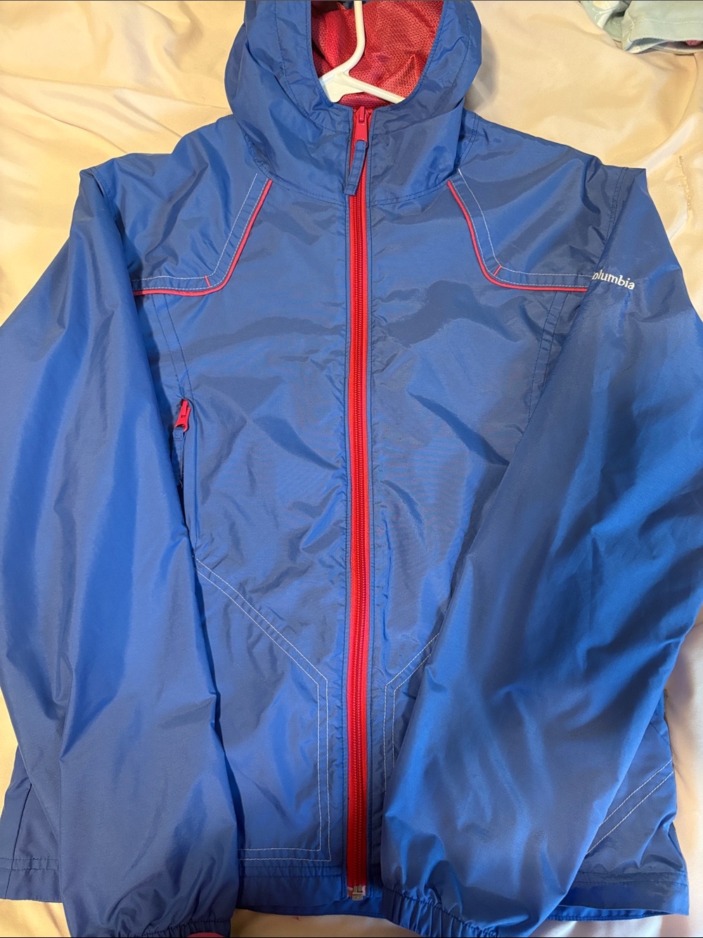 Columbia Blue Hooded Rain Jacket with Red Accents